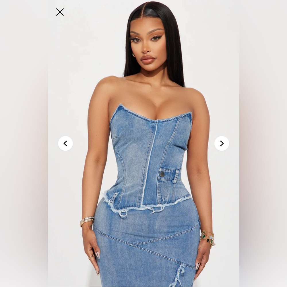 NWT Fashion Nova Delilah Denim Maxi Dress Med Strapless Corset Bustier Stretch - Picture 3 of 14